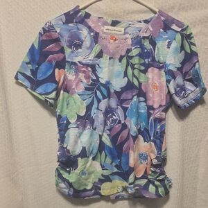 Alfred Dunner Navy Floral Short Sleeve Top with Pastel Blooms